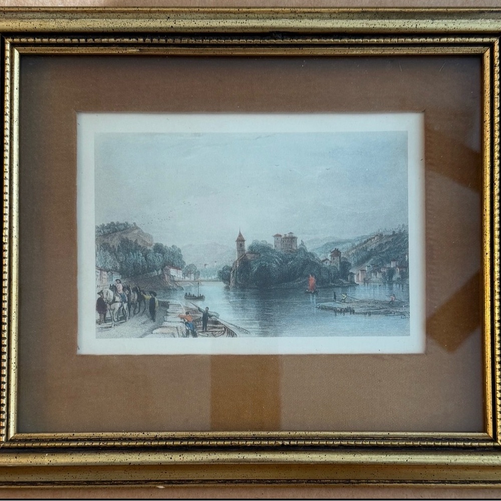 Framed Vintage French L’lle Barbe Island Landscape Lithograph in Gold & Velvet